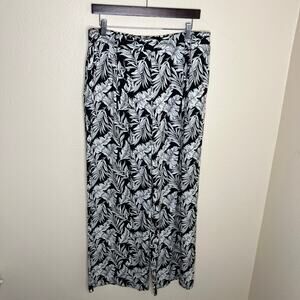 Adrienne Vittadini Black White Floral Print Wide Leg Pull On Pant Large